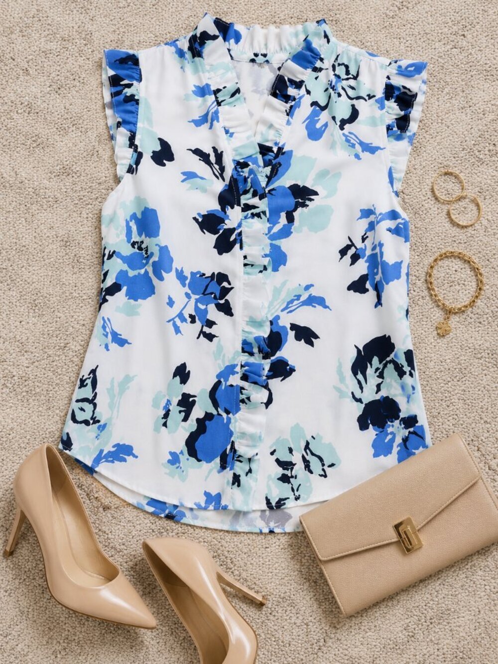 Ellen Tracy Women’s Floral Ruffle Detail Sleeveless Blouse Blue Multi Size L NWT